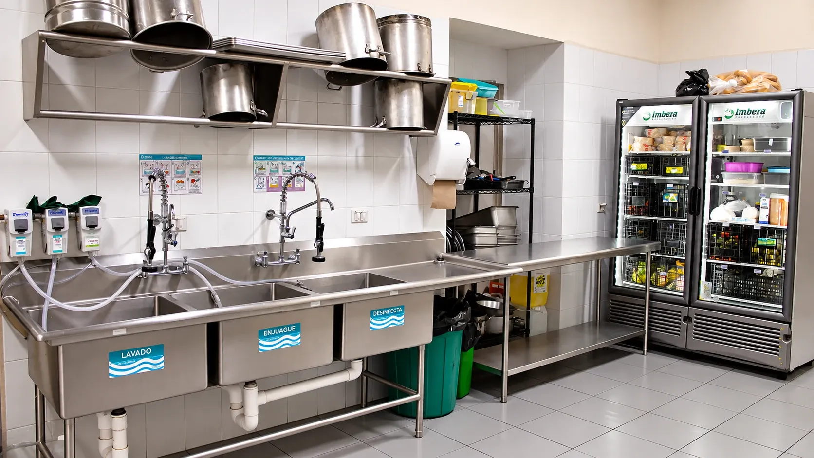 Área de lavado de la cocina con tarjas de acero y refrigeradores