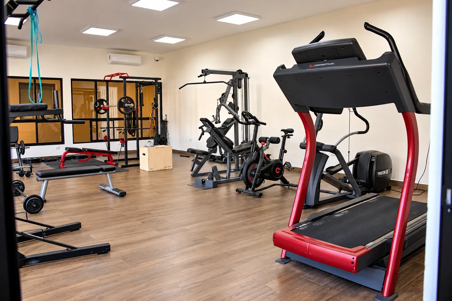 Gimnasio con caminadora, bicicleta y aparatos de pesas