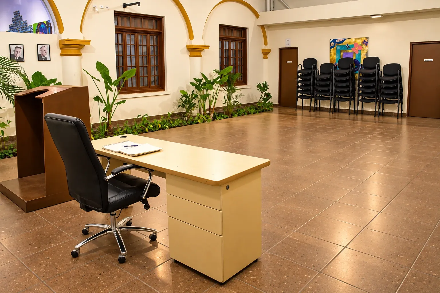 Salón con escritorio, atril y sillas para juntas familiares